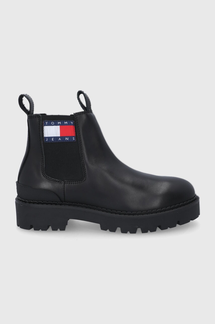 Tommy jeans ghete chelsea de piele bărbați, culoarea negru