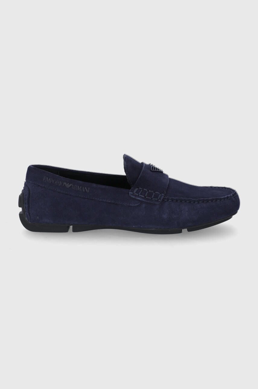 Emporio armani mocasini din piele întoarsă bărbați, culoarea albastru marin
