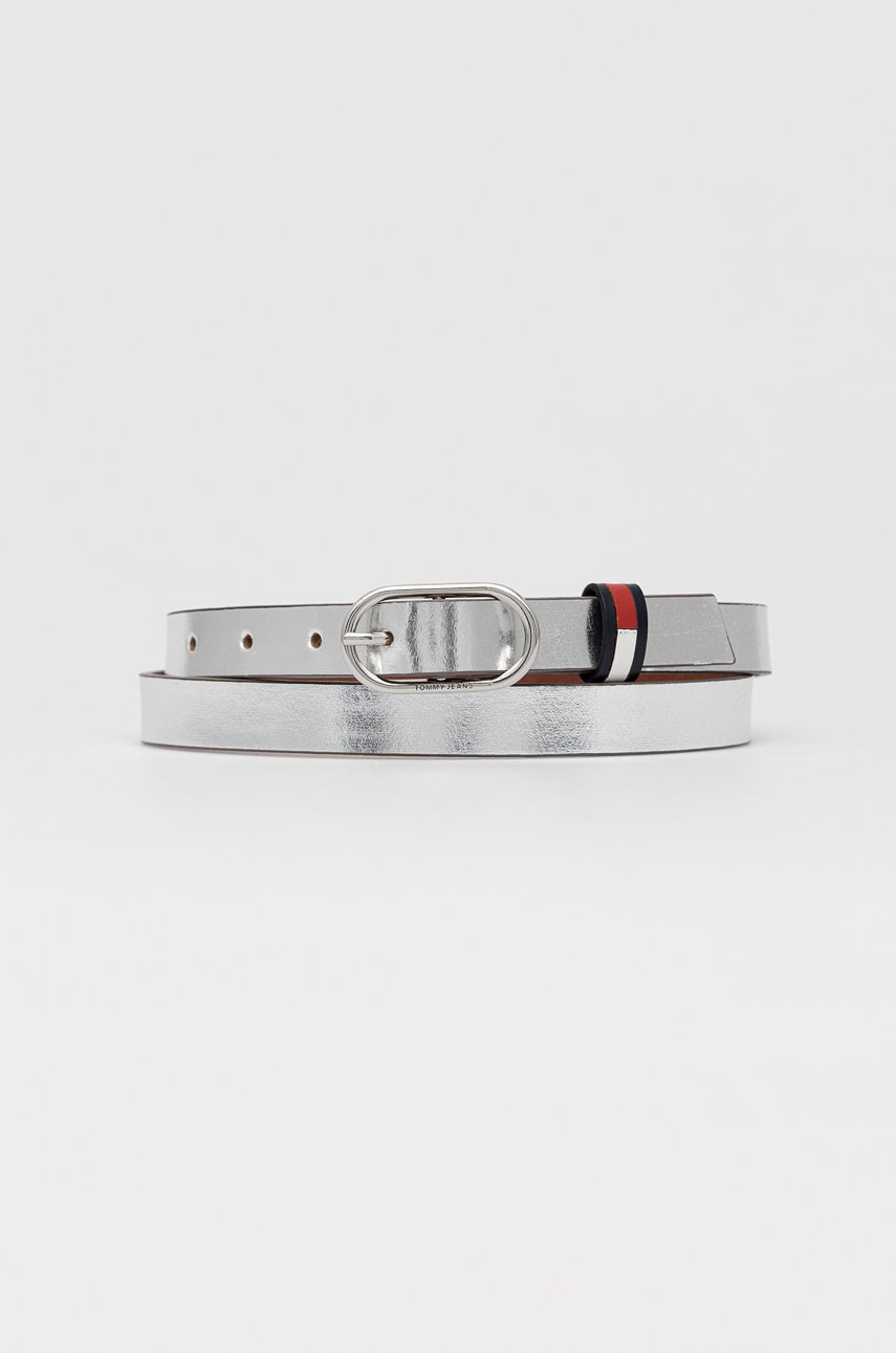 Tommy jeans curea de piele femei, culoarea argintiu