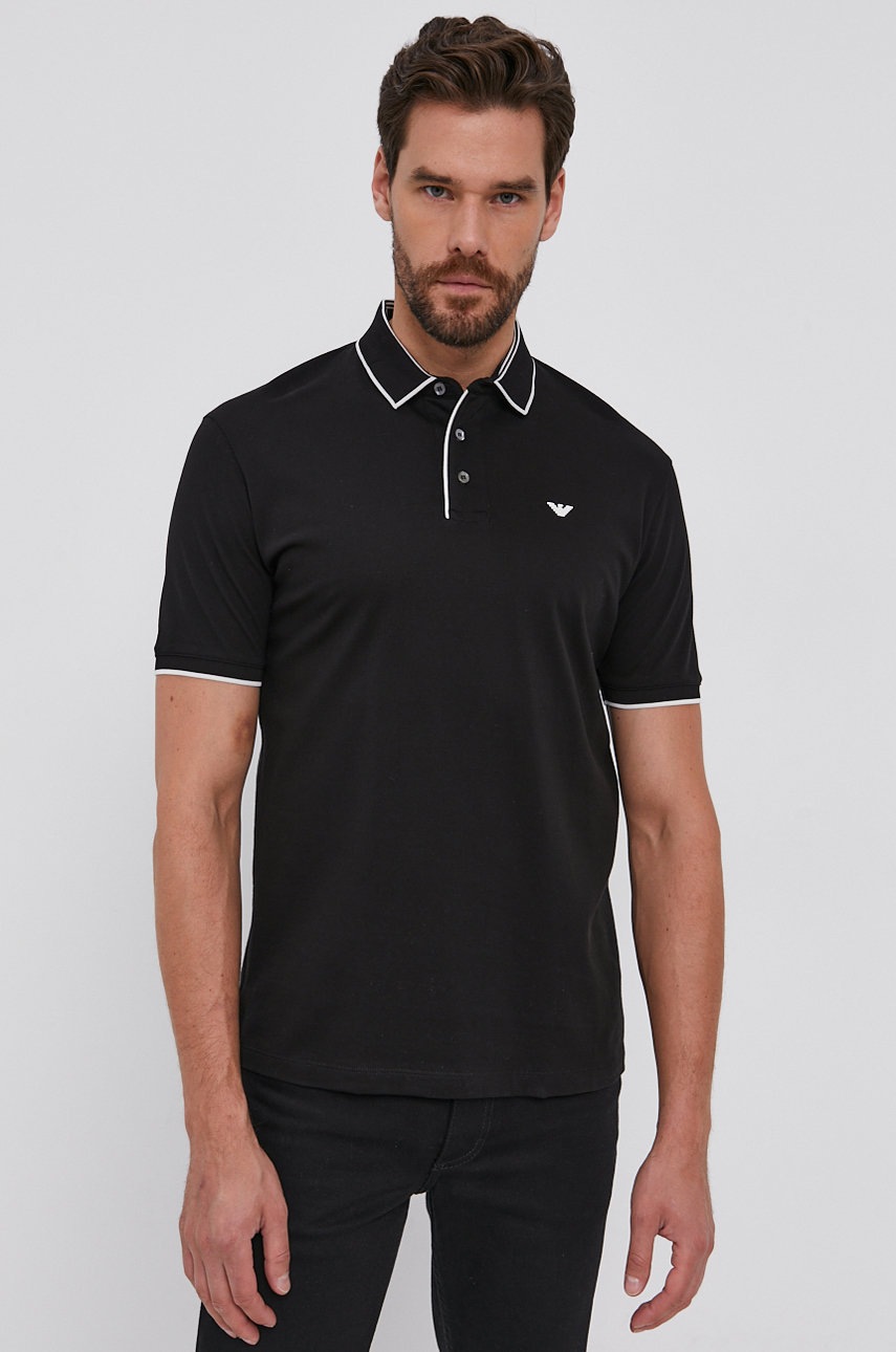 

Памучна тениска с яка Emporio Armani в черно с апликация, Черен