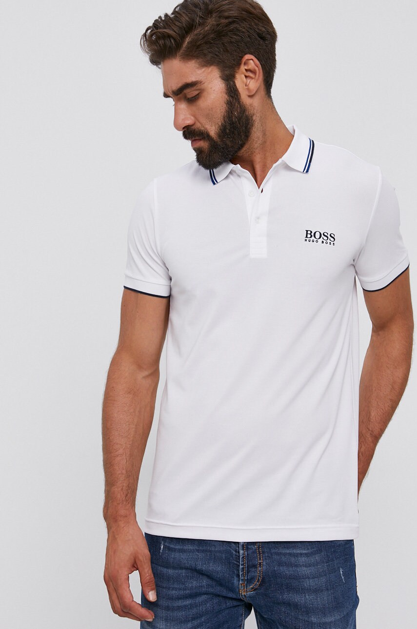 Boss tricou polo athleisure bărbați, culoarea alb, cu imprimeu