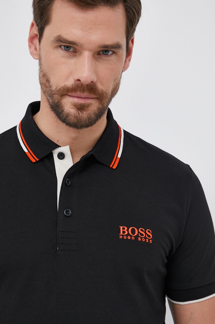 Boss tricou polo athleisure bărbați, culoarea negru, cu imprimeu