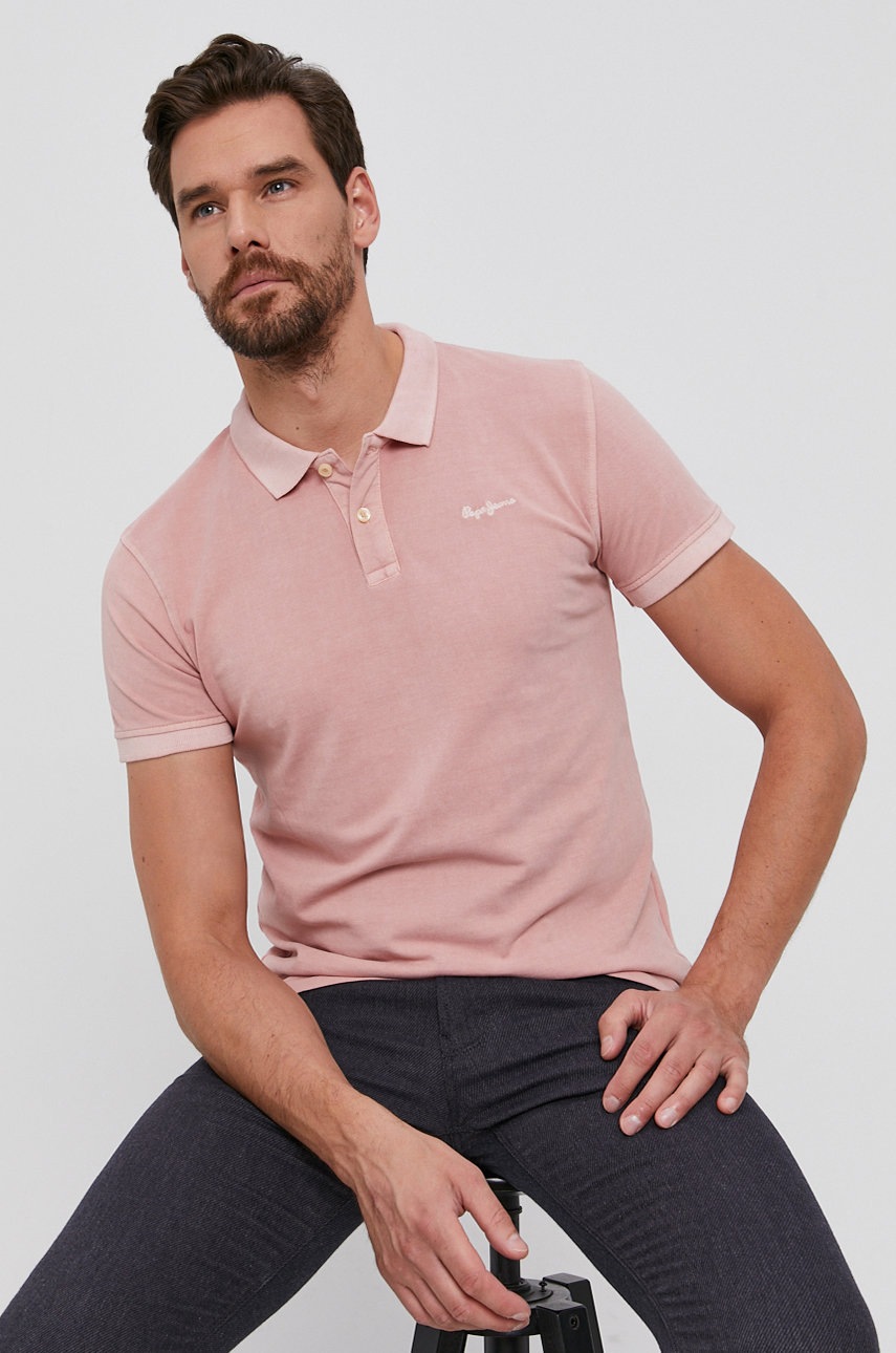 

Памучна тениска с яка Pepe Jeans Vincent в розово с изчистен дизайн, Розов