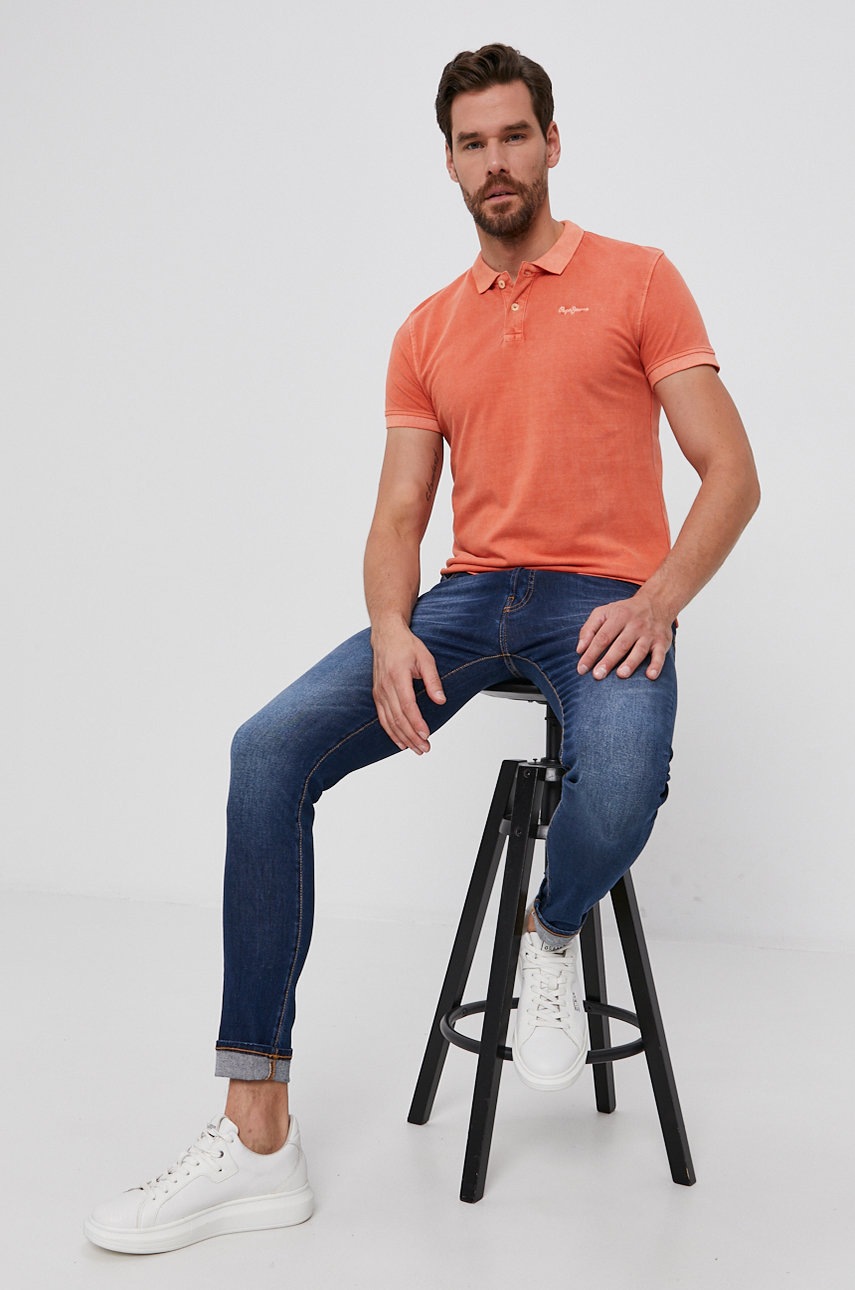 

Памучна тениска с яка Pepe Jeans Vincent в оранжево с изчистен дизайн, Оранжев