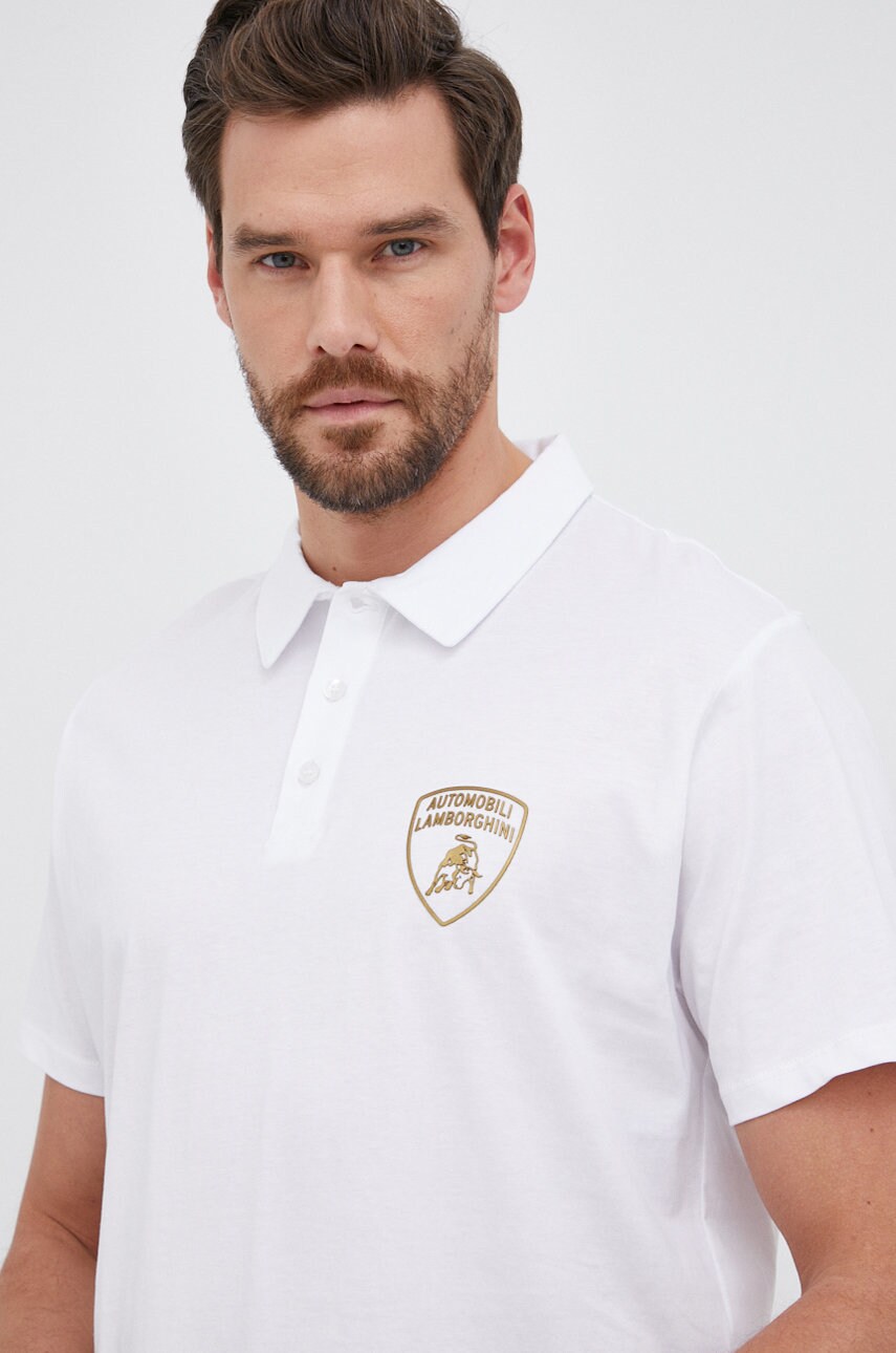 Lamborghini tricou polo bărbați, culoarea alb, material neted