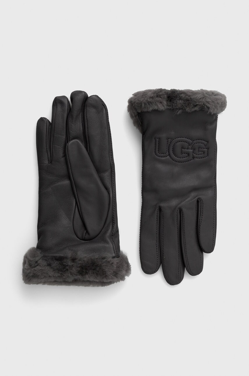 Ugg mănuși de piele femei, culoarea gri