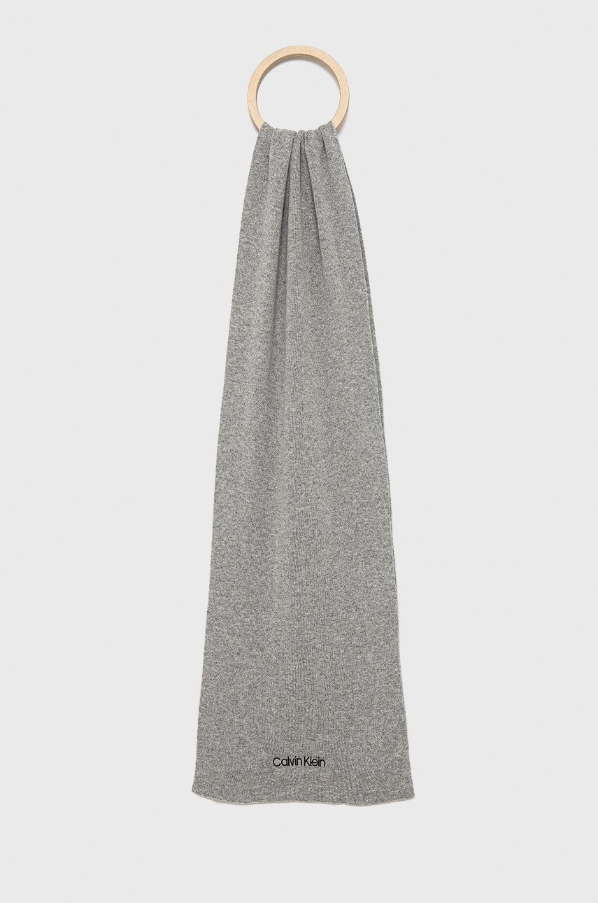 Calvin Klein Szalik z domieszką wełny kolor szary gładki