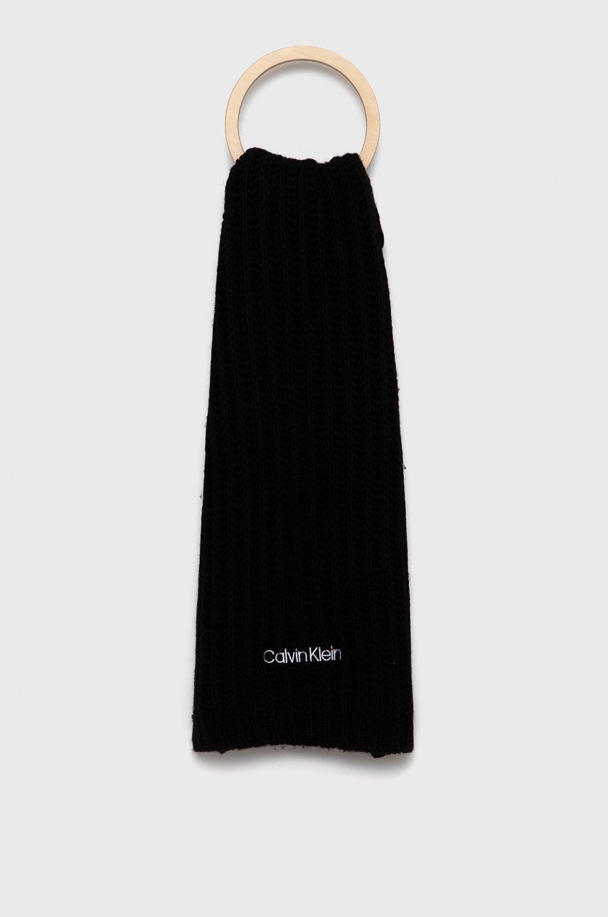 Levně Šátek z vlněné směsi Calvin Klein černá barva, hladký