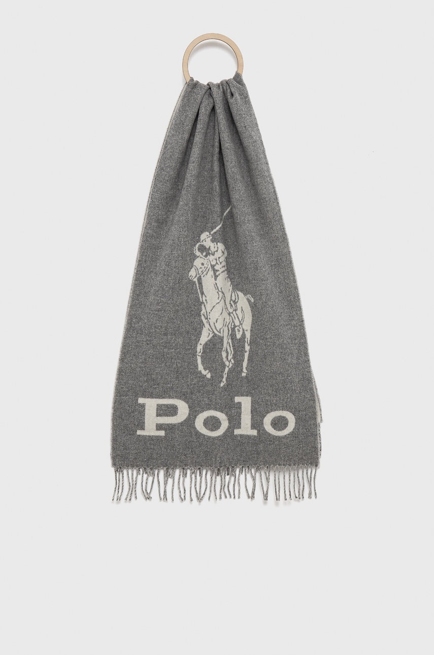 

Вълнен шал Polo Ralph Lauren в сиво с принт, Сив