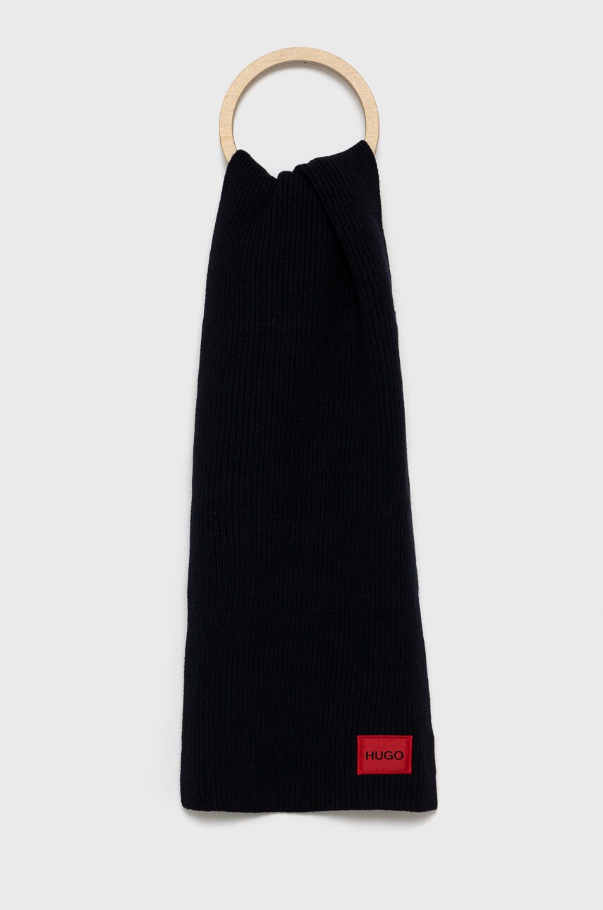 Hugo eșarfă de lână culoarea albastru marin, material neted