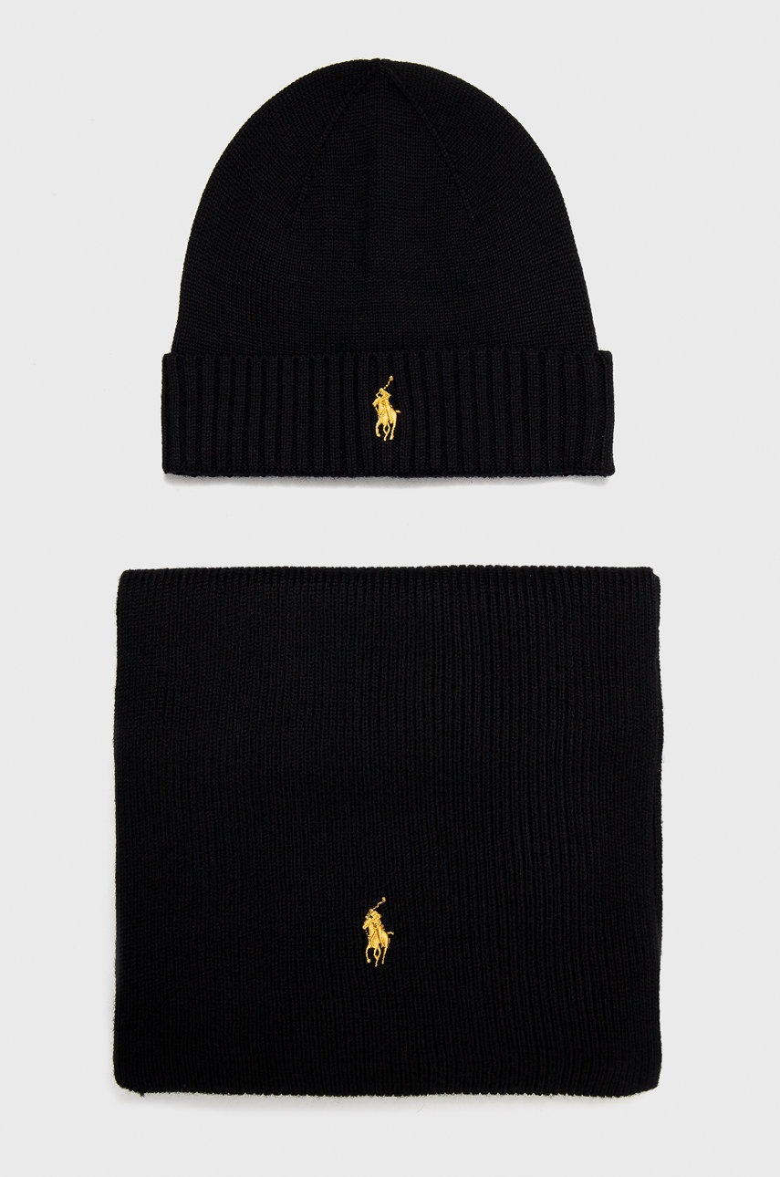 

Polo Ralph Lauren - Вълнени шапка и шал, Черен