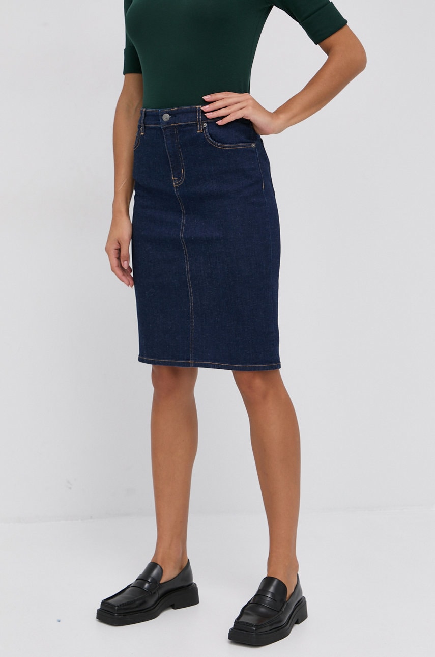Levně Džínová sukně Lauren Ralph Lauren tmavomodrá barva, mini, jednoduchá