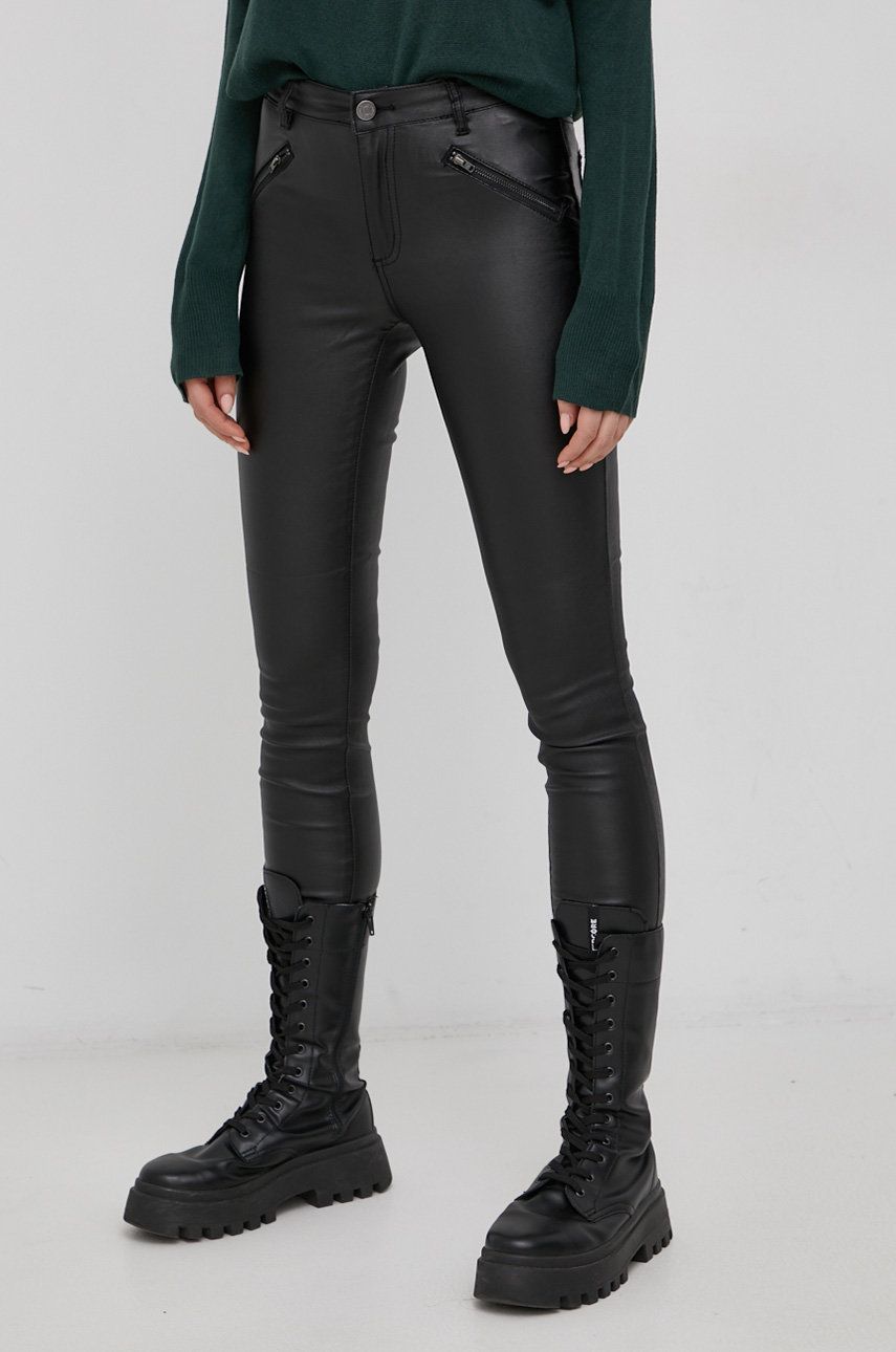 Vila Pantaloni femei, culoarea negru, mulat, medium waist imagine reduceri black friday 2021 answear.ro