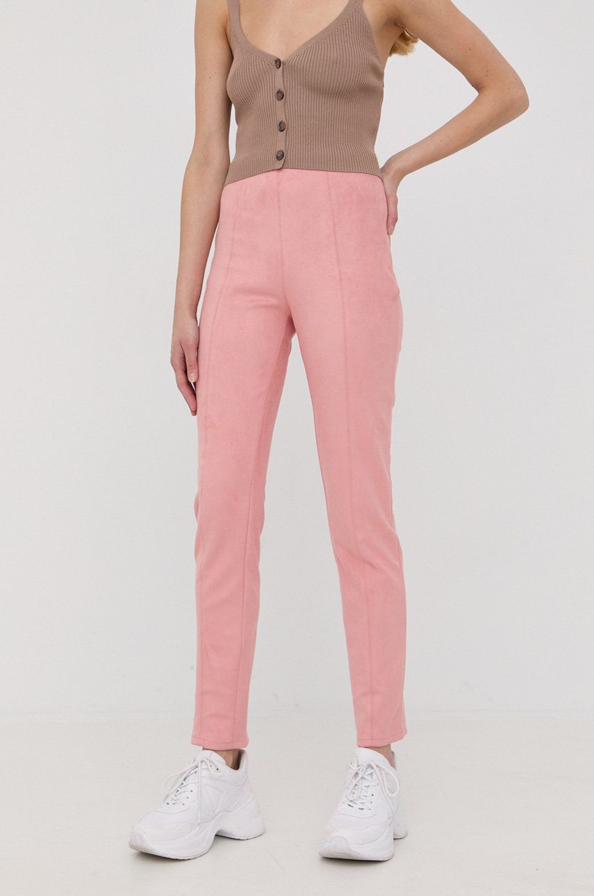 Levně Kalhoty Guess dámské, růžová barva, přiléhavé, high waist