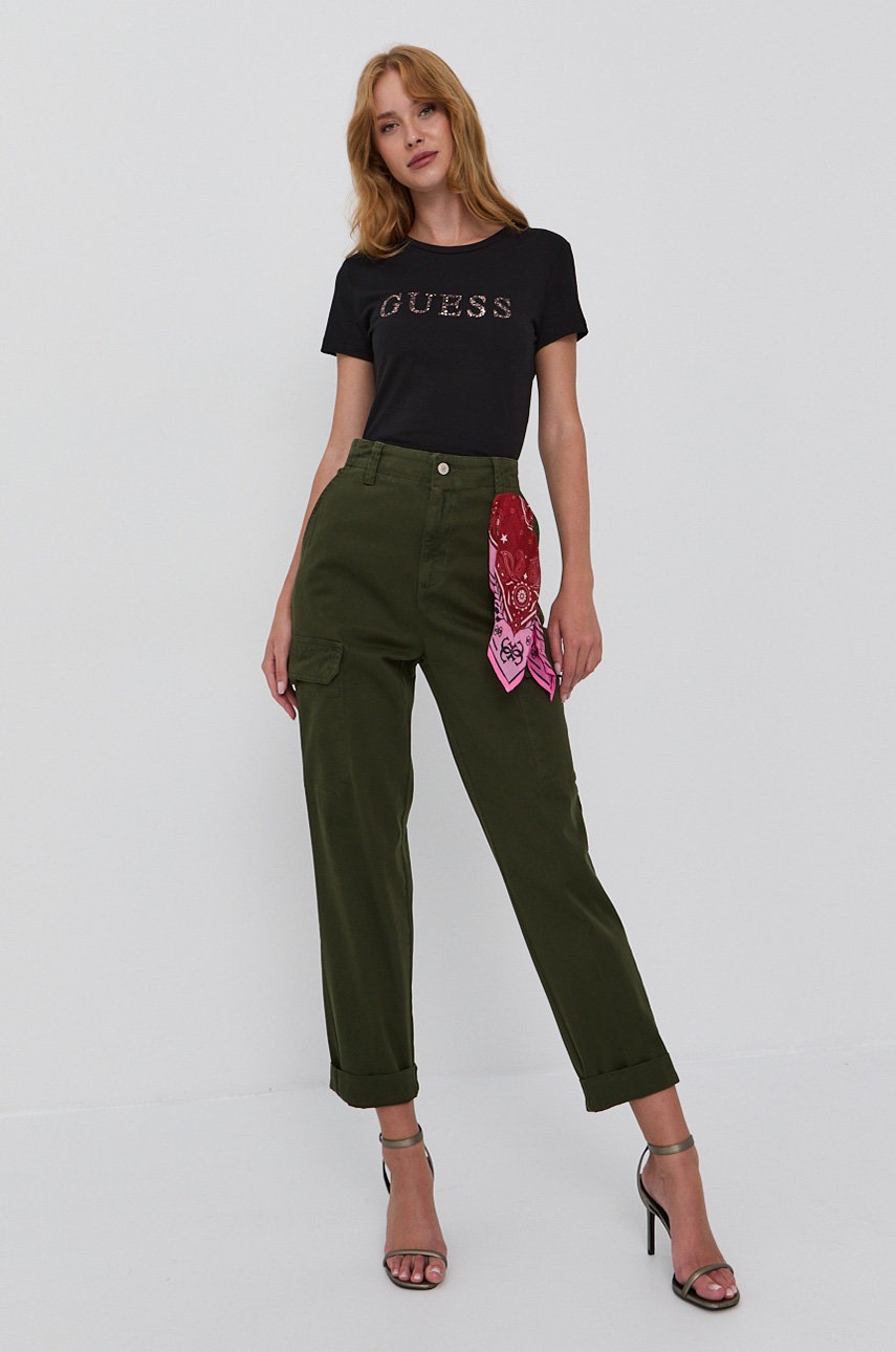 Guess Spodnie damskie kolor zielony fason cargo high waist