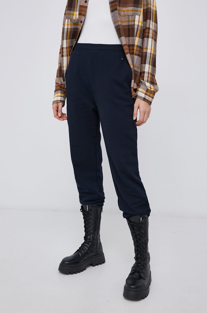 Kalhoty Tommy Hilfiger dámské, tmavomodrá barva, hladké - námořnická modř -  100% Bavlna