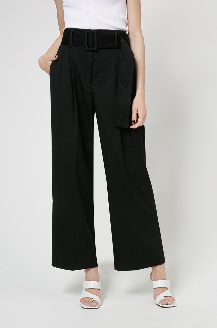 Hugo Pantaloni femei, culoarea negru, lat, high waist answear.ro imagine megaplaza.ro