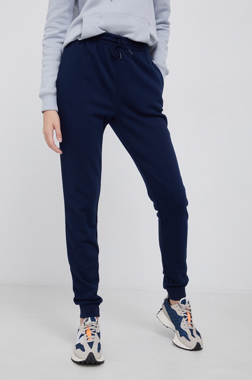Lacoste pantaloni femei, culoarea albastru marin, material neted