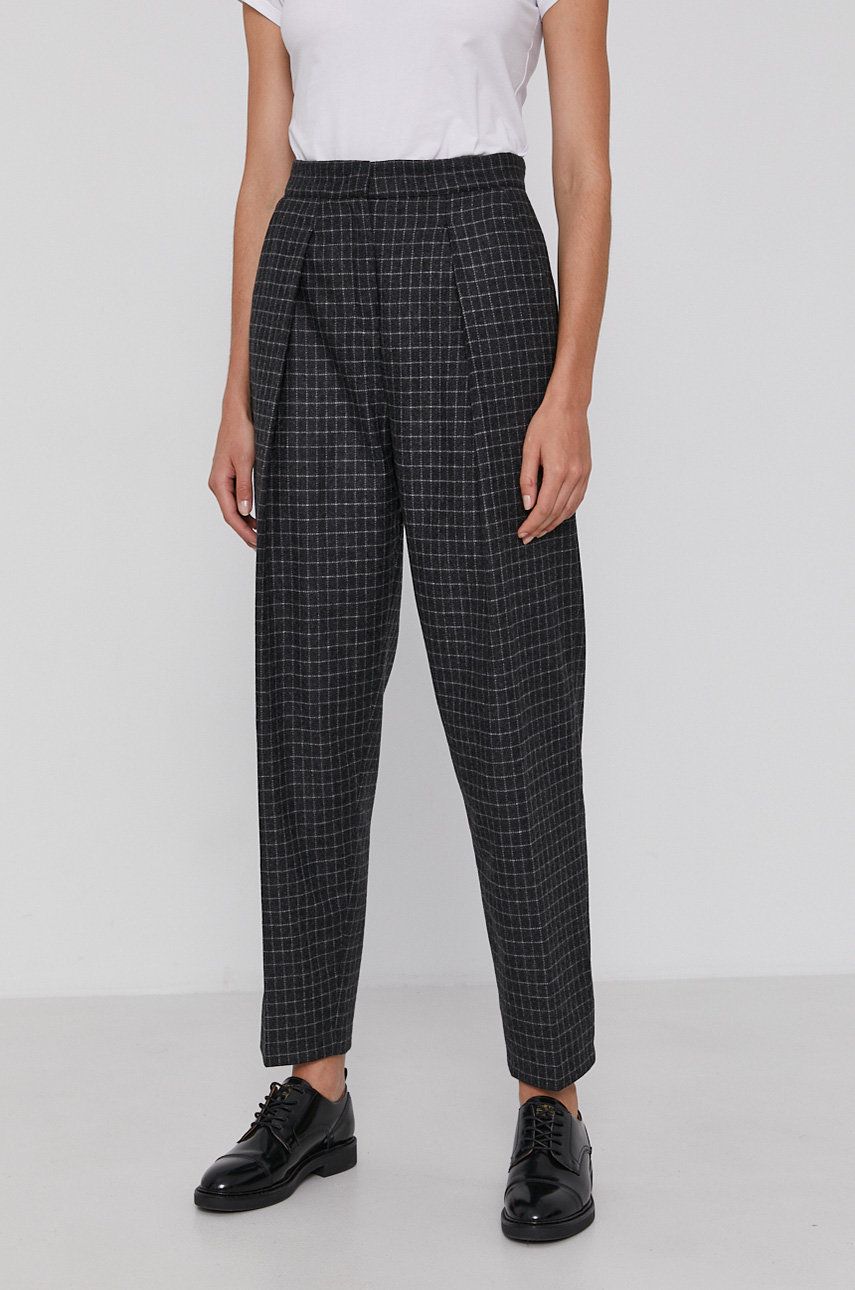 Emporio Armani pantaloni femei, culoarea gri, drept, high waist