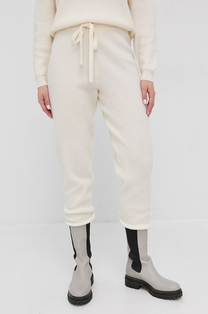 MAX&Co. Pantaloni de lână femei, culoarea crem, model drept, high waist