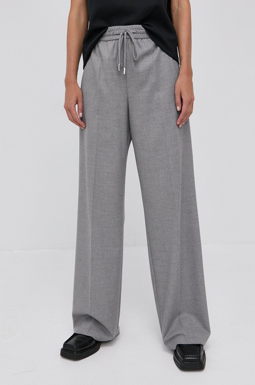 Boss Pantaloni femei, culoarea gri, lat, high waist