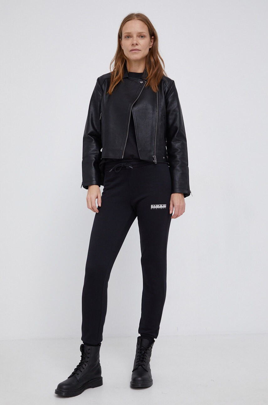 Napapijri pantaloni femei, culoarea negru, material neted