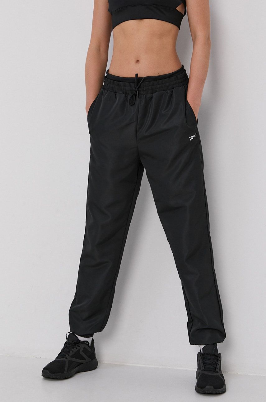 Reebok Pantaloni GR9508 femei, culoarea negru, model drept, medium waist answear.ro imagine megaplaza.ro