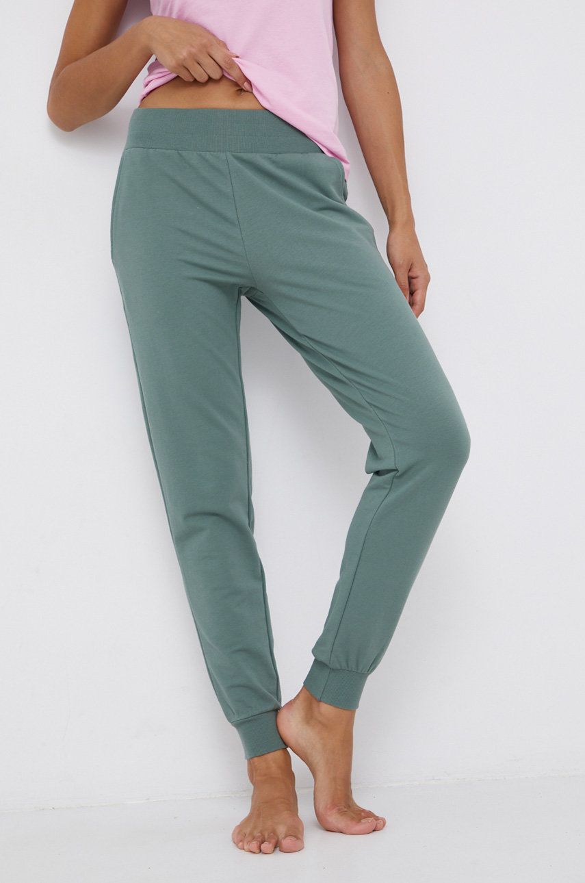 Emporio Armani Underwear Pantaloni femei, culoarea verde, material neted
