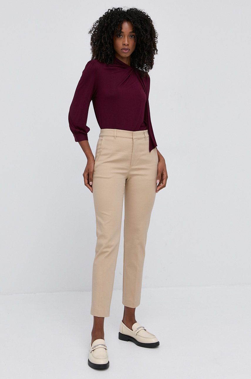Kalhoty Lauren Ralph Lauren dámské, béžová barva, střih cargo, high waist - béžová -  98% Bavln