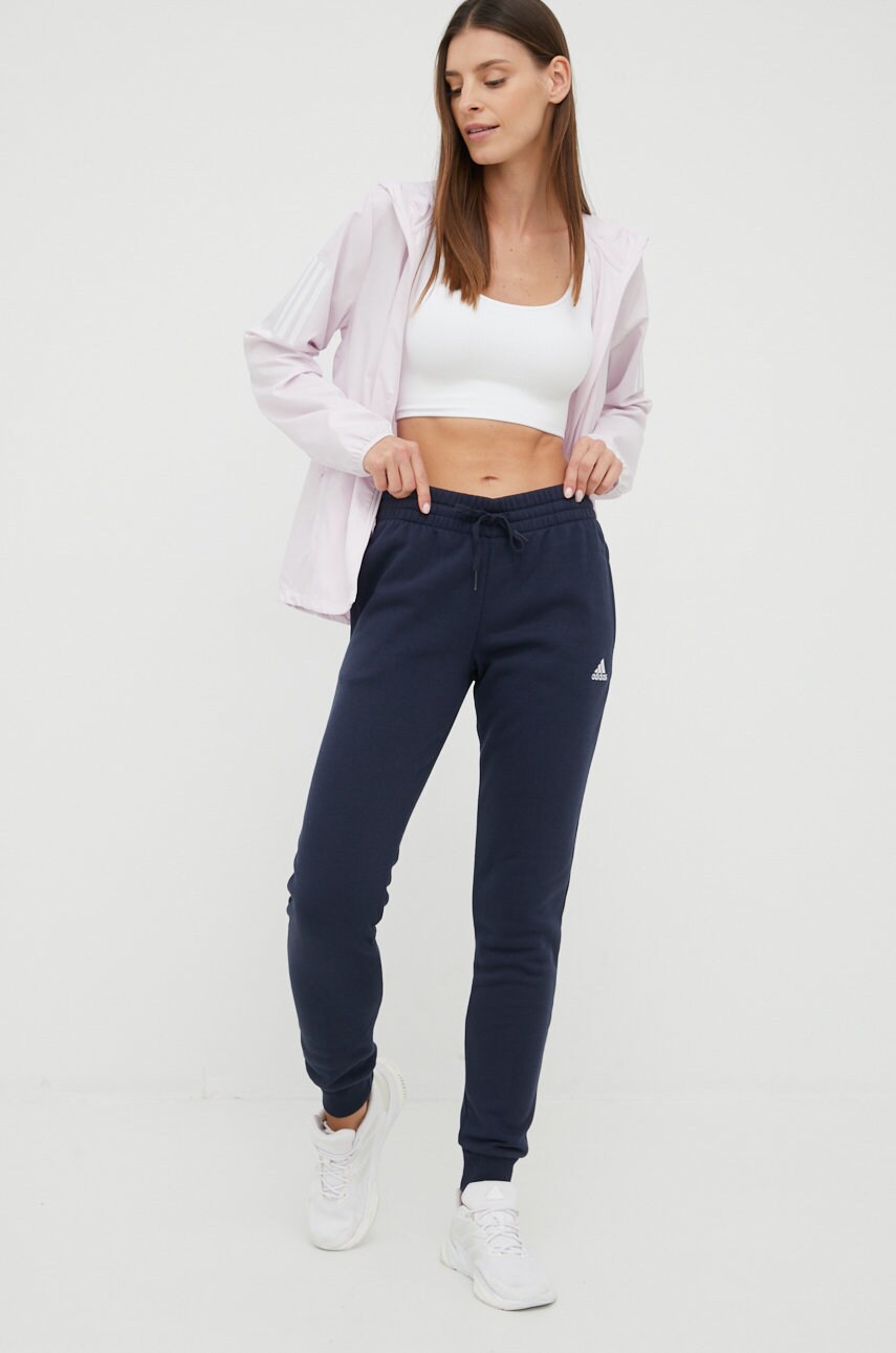 Adidas pantaloni de trening h07864 femei, culoarea albastru marin, cu imprimeu