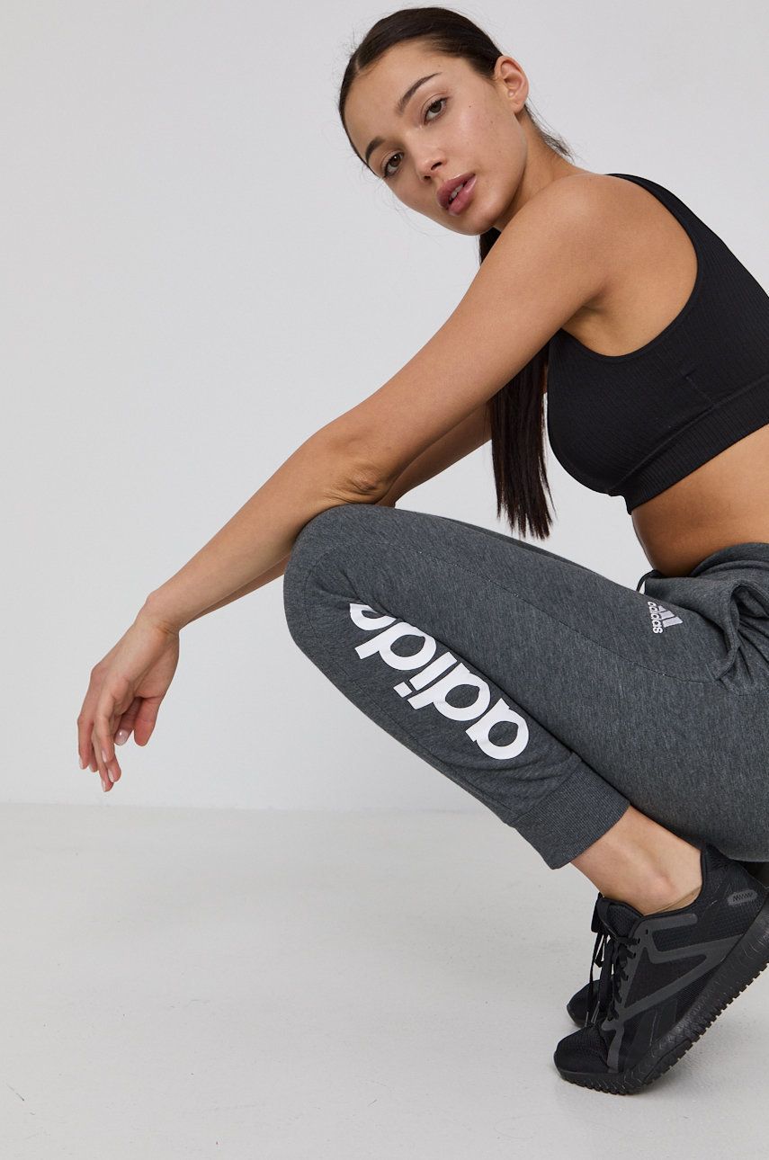 Adidas Pantaloni HA0265 femei, culoarea gri, material neted adidas imagine noua 2022