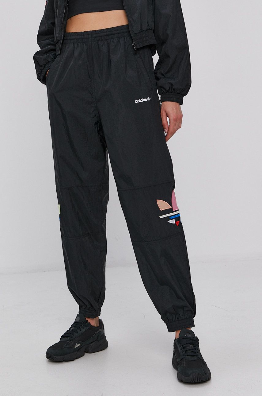 Adidas Originals Pantaloni femei, culoarea negru, cu imprimeu adidas Originals