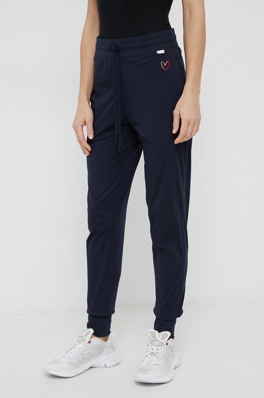 Paul smith pantaloni de bumbac femei, culoarea albastru marin, material neted
