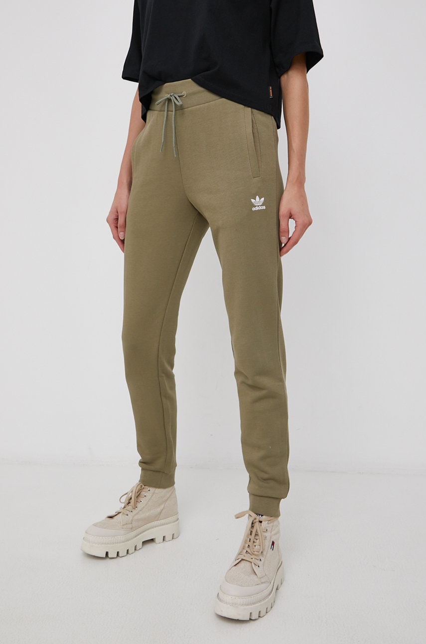 Adidas originals pantaloni femei, culoarea verde, cu imprimeu
