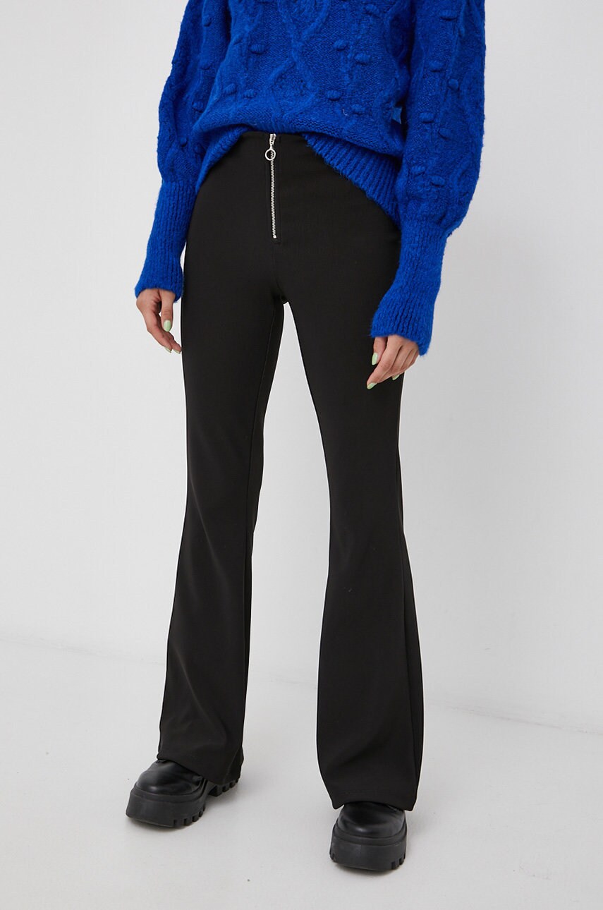 Noisy may pantaloni femei, culoarea negru, evazata, medium waist