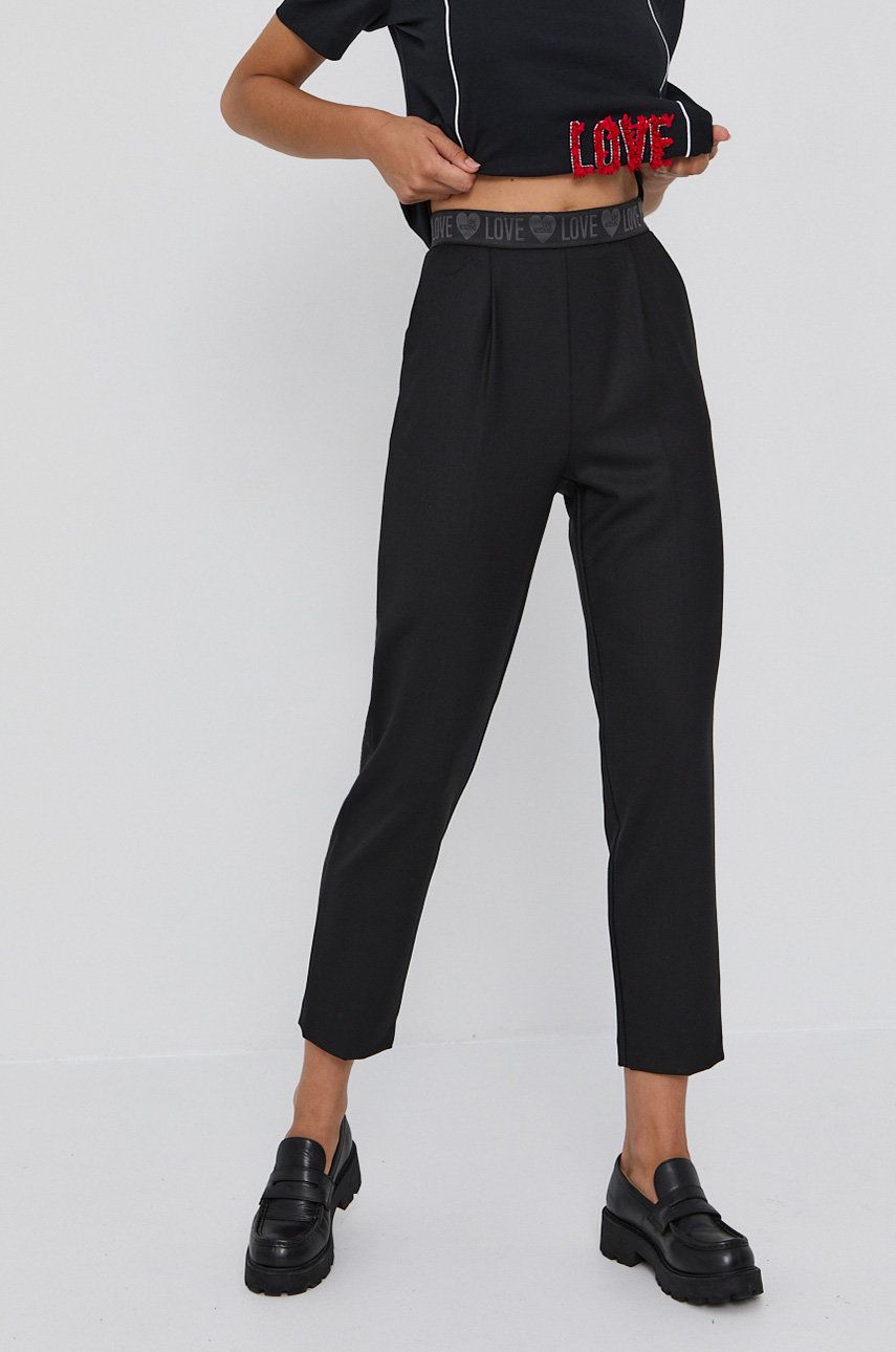 Love Moschino Pantaloni femei, culoarea negru, model drept, high waist