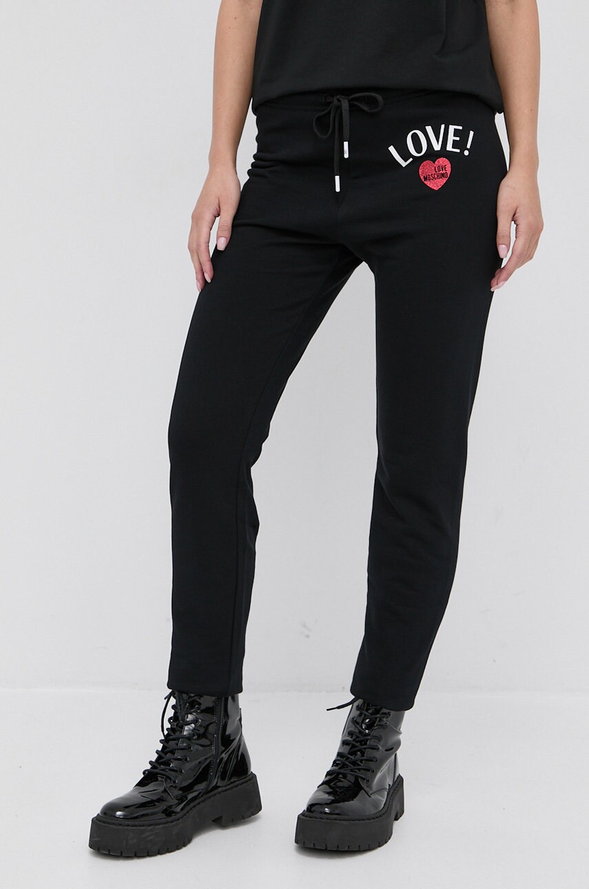Love Moschino Pantaloni de bumbac femei, culoarea negru, cu imprimeu