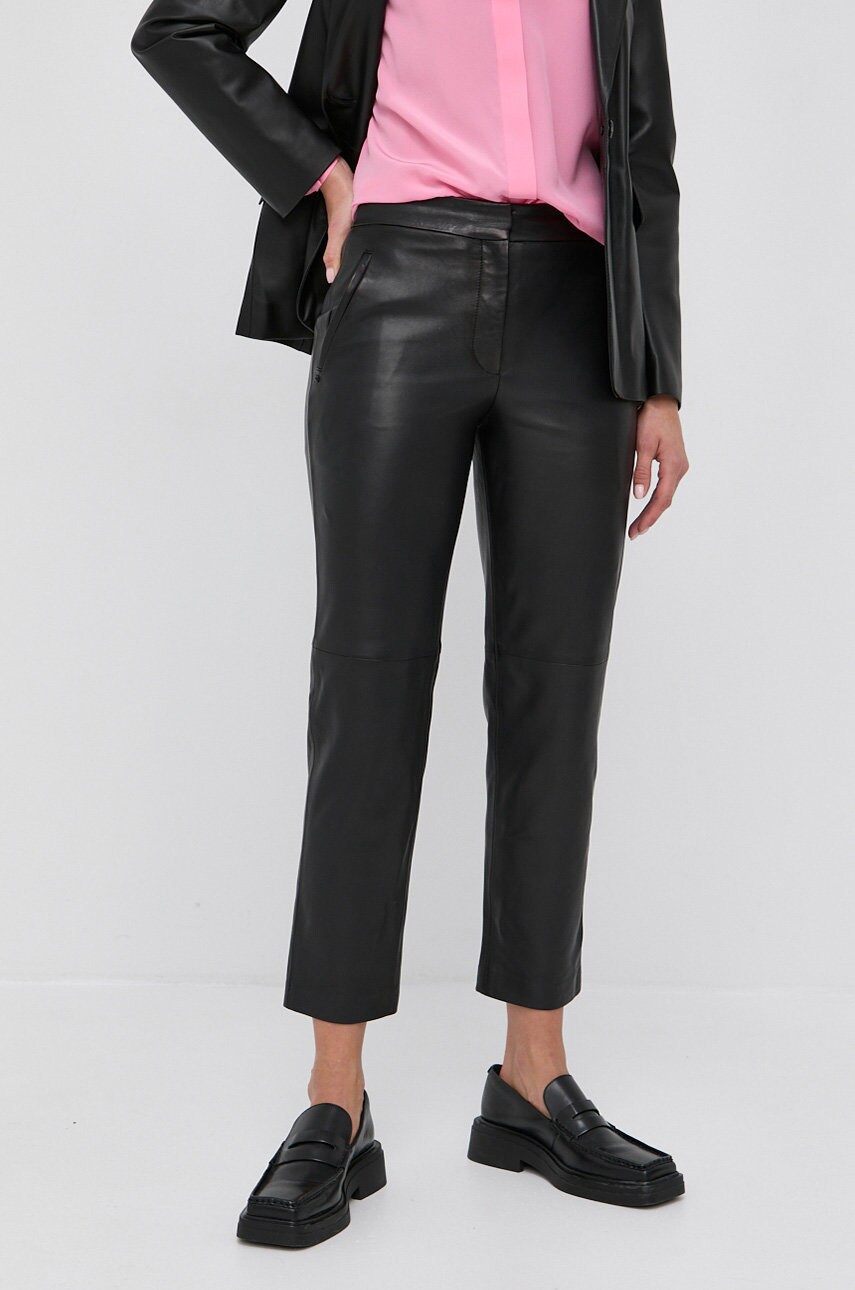 Karl lagerfeld pantaloni de piele femei, culoarea negru, model drept, high waist