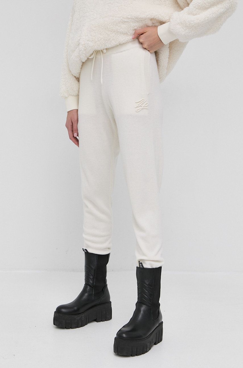 Karl Lagerfeld Pantaloni de lână femei, culoarea crem, material neted answear.ro