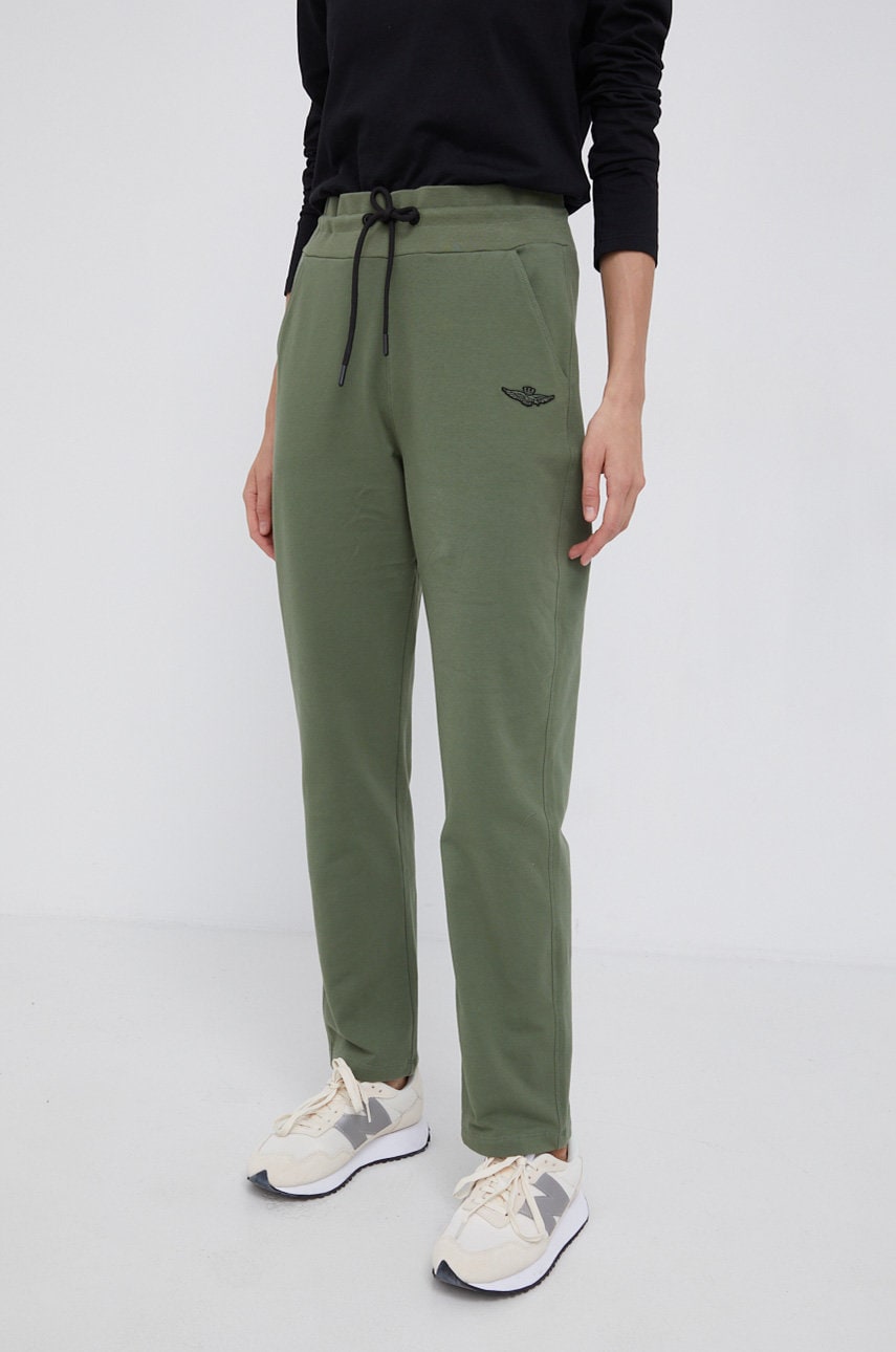 Aeronautica militare pantaloni femei, culoarea verde, material neted