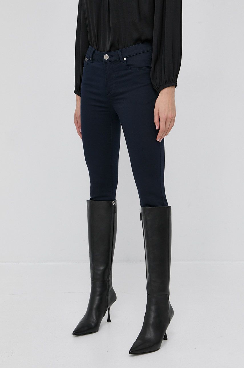 Morgan Pantaloni femei, culoarea albastru marin, mulat, medium waist