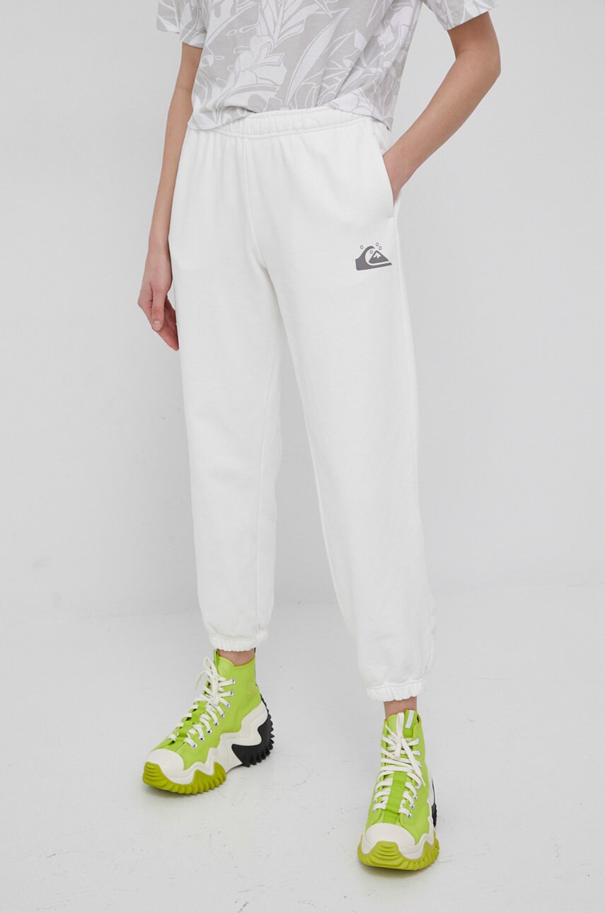 Quiksilver pantaloni femei, culoarea alb, neted