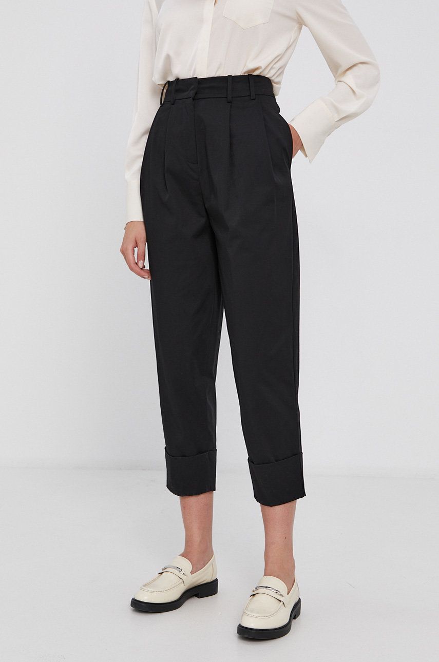 Sisley Pantaloni femei, culoarea negru, fason chinos, high waist