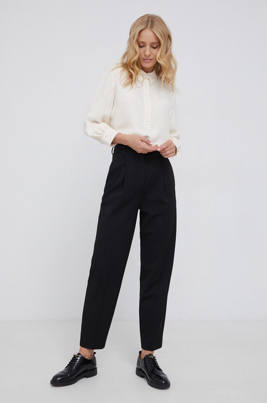 Sisley Pantaloni femei, culoarea negru, fason tigareta, high waist