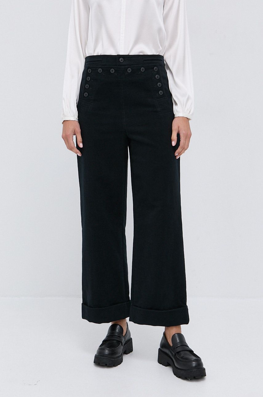 Kalhoty Tory Burch dámské, černá barva, široké, high waist - černá -  100% Bavlna