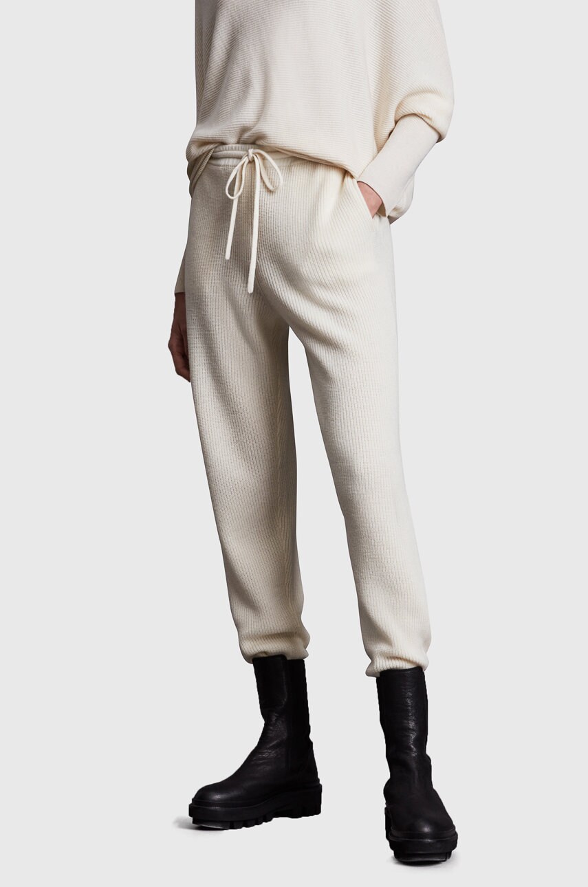 Allsaints pantaloni femei, culoarea alb, material neted