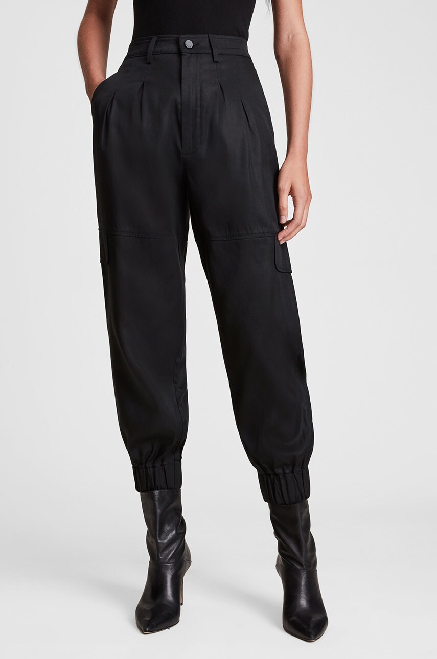 Allsaints pantaloni femei, culoarea negru, fason cargo, high waist