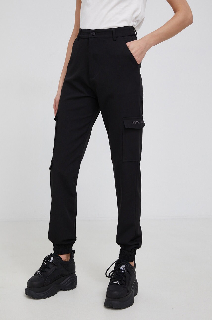 Sixth june pantaloni femei, culoarea negru, fason cargo, high waist