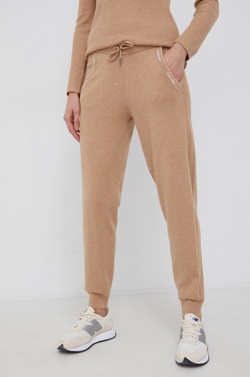 Calvin Klein Spodnie z domieszką wełny damskie kolor brązowy