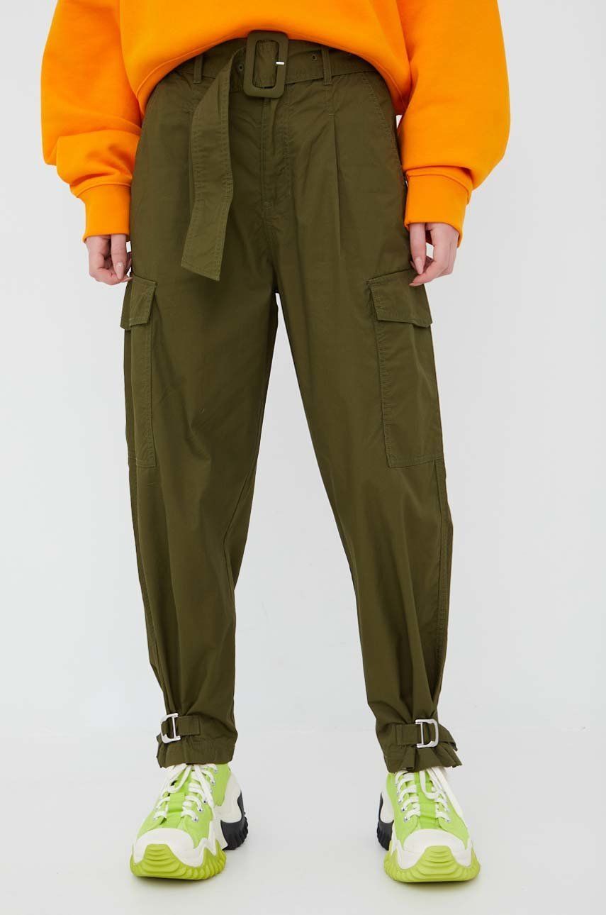 Tommy Jeans pantaloni de bumbac femei, culoarea verde, lat, high waist